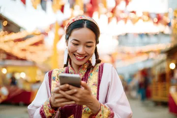 A cheerful woman in traditional clothing using her smartphone during a festive moment, showing how easily the 1777DET app fits into everyday life.