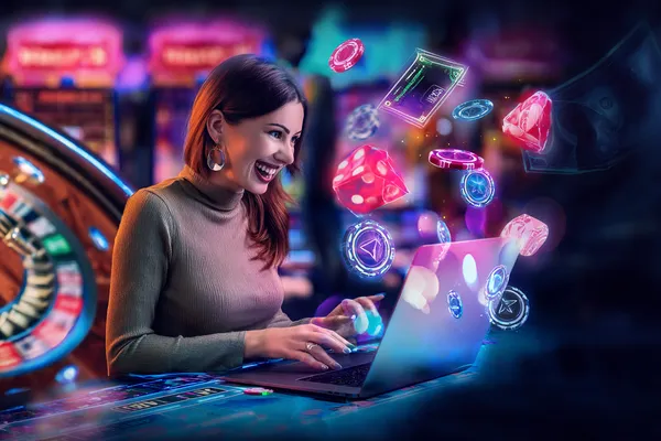 A woman smiling while playing online games on her laptop, surrounded by neon casino elements, showcasing 1777DET’s diverse game collection.