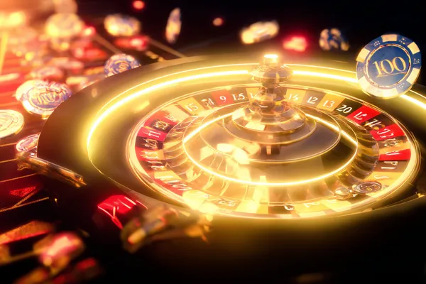 A glowing roulette wheel with cascading chips, symbolizing the engaging live and instant-win games available on 1777DET.